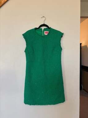 Kate Spade Green Sequin Tweed Sleeveless Shift Mini Dress with Fringe Detail